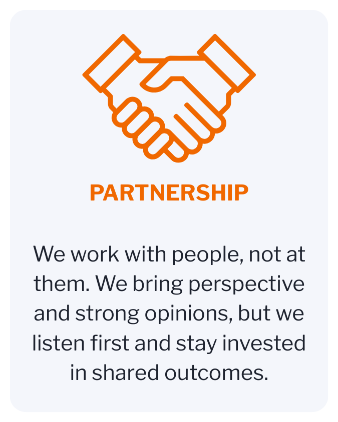 Icon of two hands shaking above the word 'PARTNERSHIP' in orange, with a description about working with people and shared outcomes.