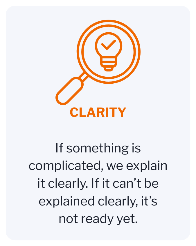 An orange magnifying glass with a light bulb and check mark inside, symbolizing clarity, and the word "CLARITY" in bold orange letters. Below, a message states, "If something is complicated, we explain it clearly. If it can’t be explained clearly, it’s not ready yet."