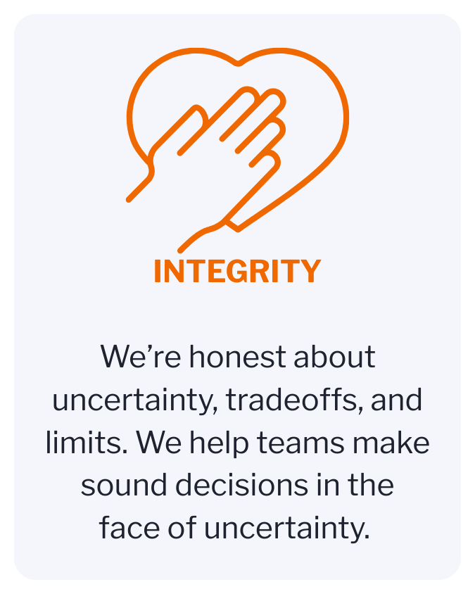 An orange outline of a hand with a finger covering the heart shape, accompanied by the word 'INTEGRITY' in bold orange letters. Below, text explains honesty about uncertainty, tradeoffs, and limits to help teams make sound decisions amid uncertainty.