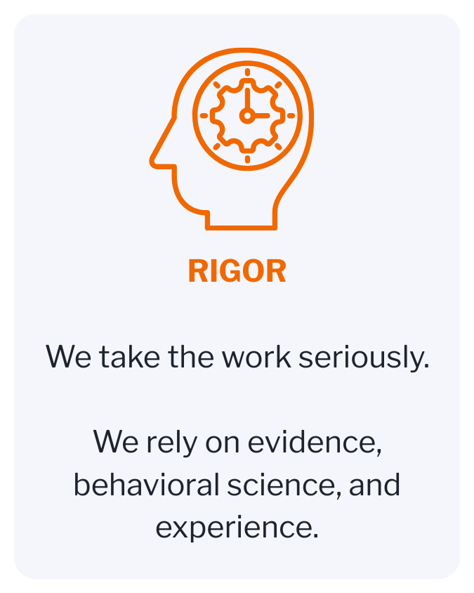 Icon of a human head with a clock inside, representing time or focus. The word 'RIGOR' in bold orange text. Additional text reads: 'We take the work seriously. We rely on evidence, behavioral science, and experience.'