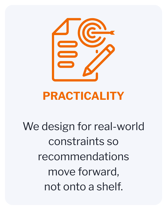 An icon with a paper, a target, and a pencil above the word "PRACTICALITY" in orange, followed by text that states, "We design for real-world constraints so recommendations move forward, not onto a shelf."