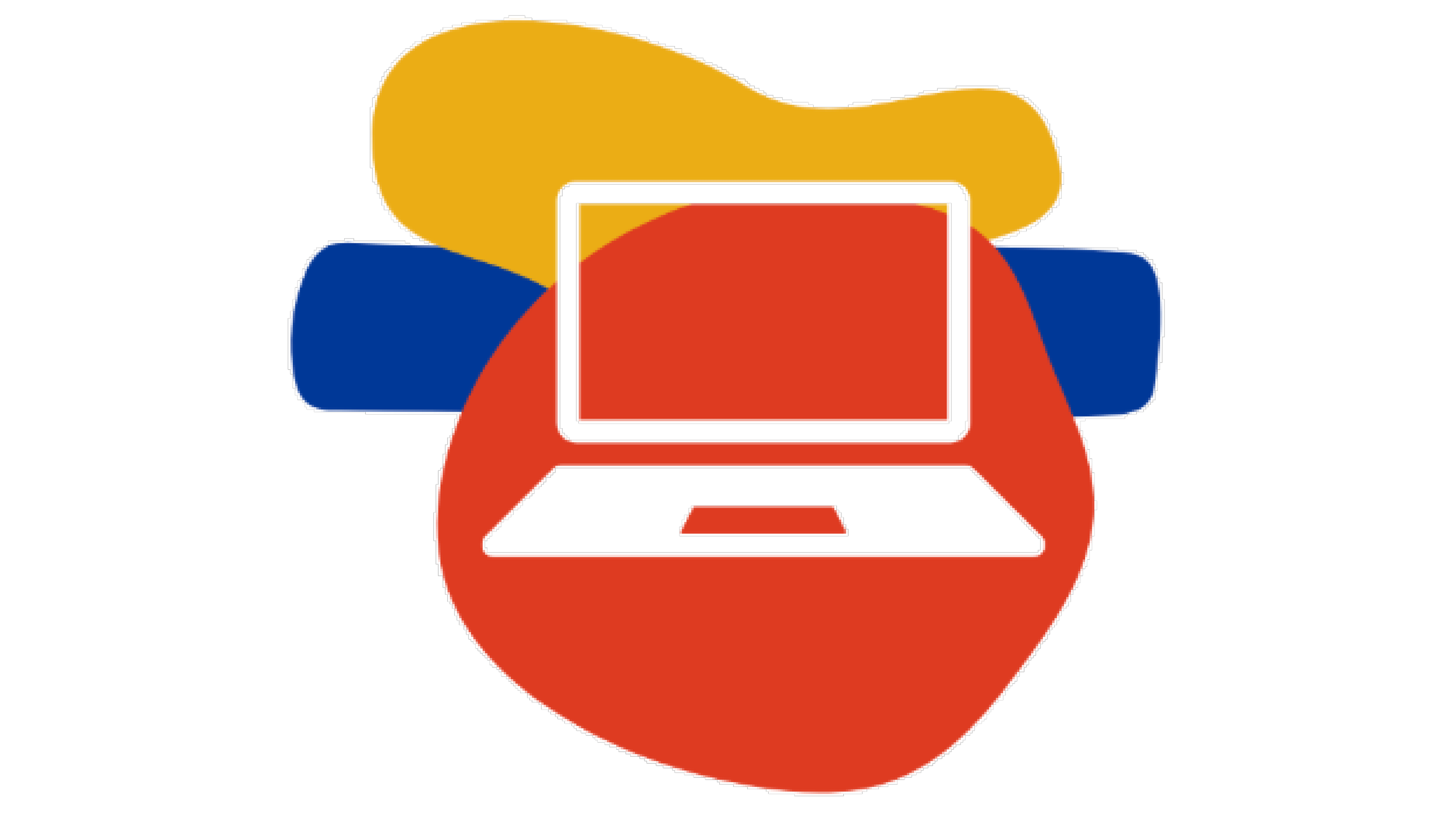 Stylized graphic of a person with a yellow hairstyle, blue shoulders, and an orange body, using a laptop with a red screen, surrounded by a speech bubble. The background is black.