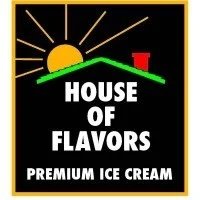 Logo for House of Flavors Premium Ice Cream featuring a yellow sun, green hill, and red house silhouette on a black background.