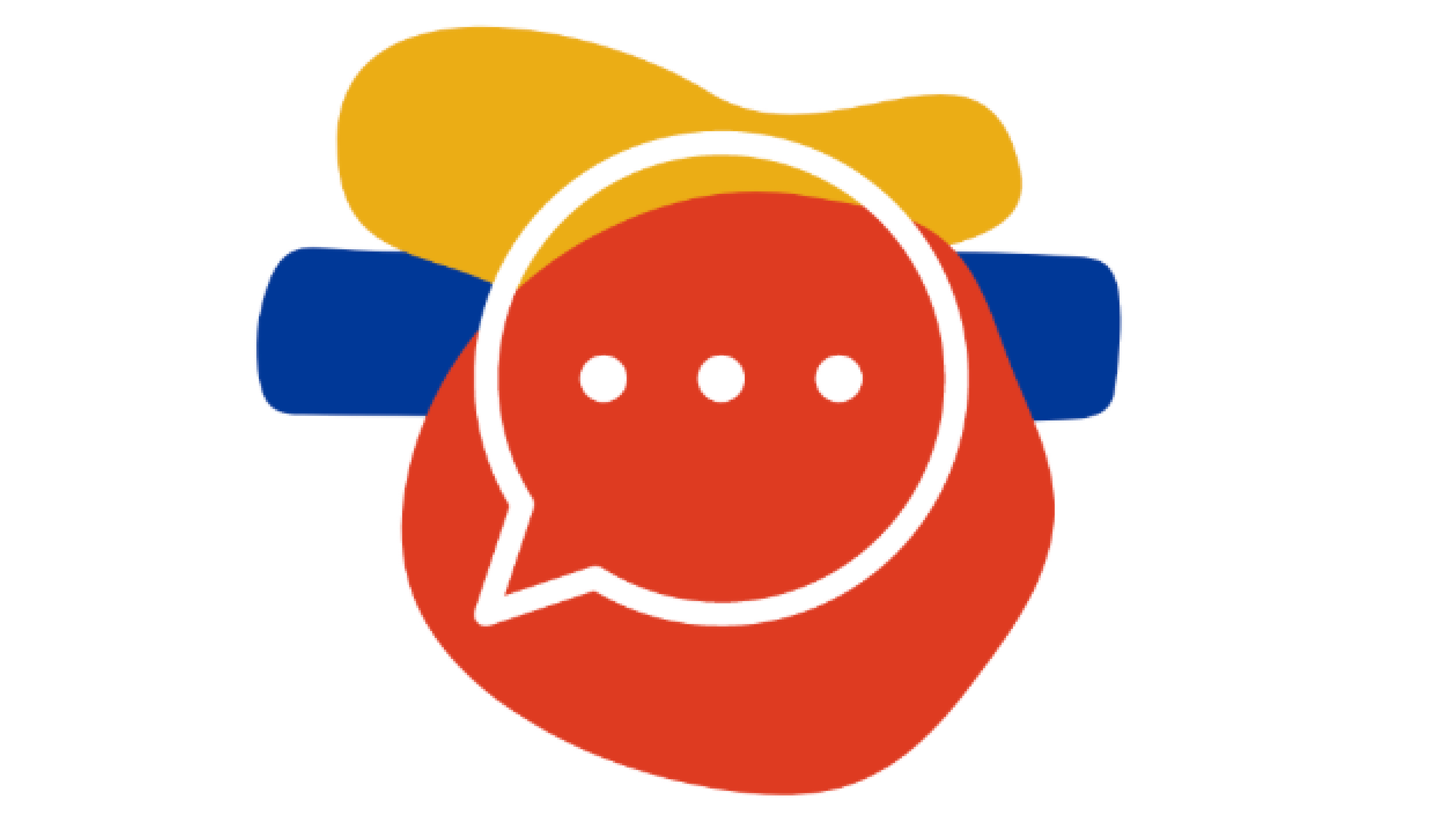 Abstract colorful graphic with a red speech bubble in the center containing three white dots, behind it a mustard yellow shape, a blue shape, and a white background.