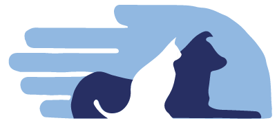 Illustration of a white and blue cat sitting in front of a silhouette of a dog, with stylized blue lines in the background.