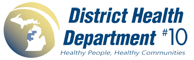 Logo of District Health Department #10 with a map of Michigan, a yellow arc, and the tagline 'Healthy People, Healthy Communities'.