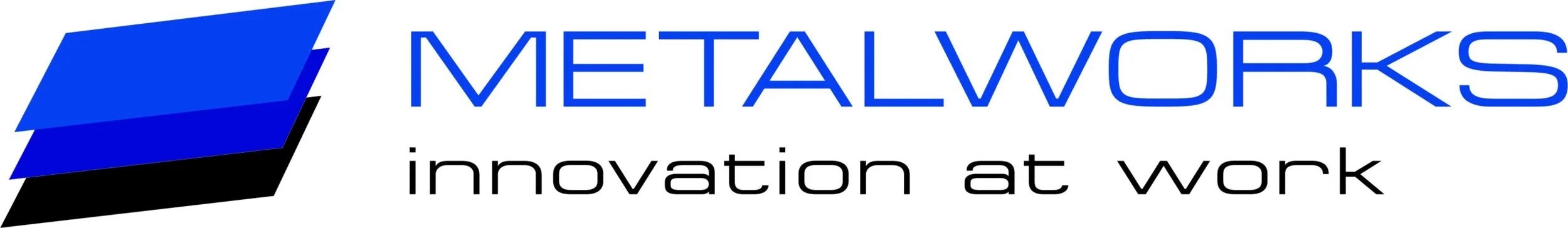 Logo for Metalworks with a stylized blue and black geometric icon and the text 'METALWORKS' in blue and 'innovation at work' in black.