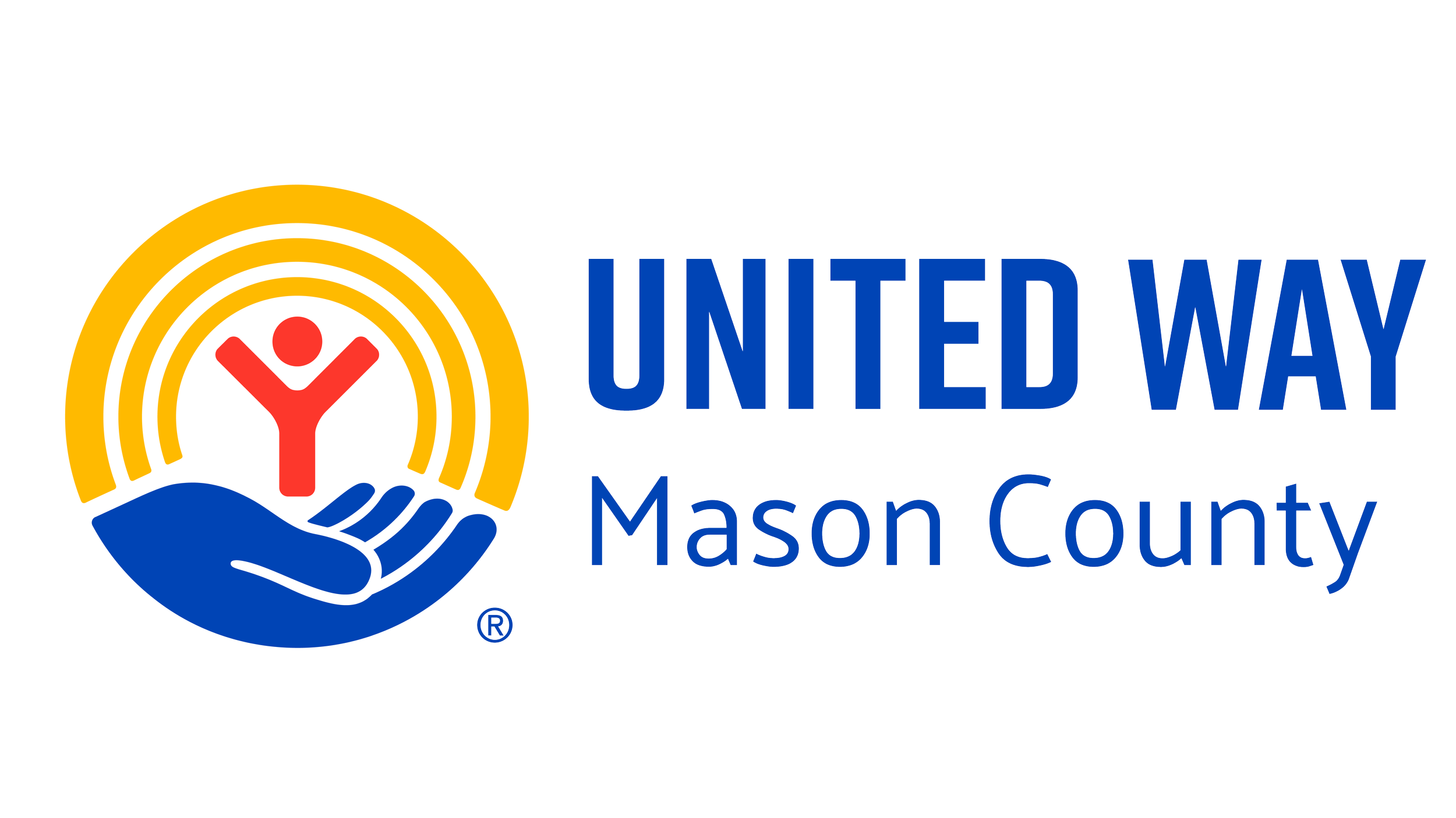 Logo of United Way Mason County featuring a stylized hand holding a person with rays in the background, with text to the right reading 'United Way Mason County'