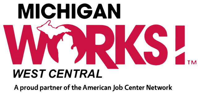 Michigan Works West Central logo with stylized map of Michigan and bold red text.