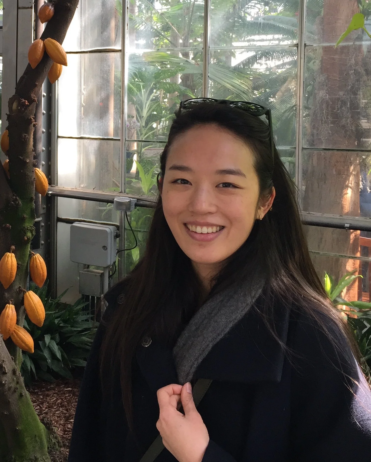 A smiling woman with glasses on her head is standing inside a greenhouse with plants and a tree bearing yellow fruit.