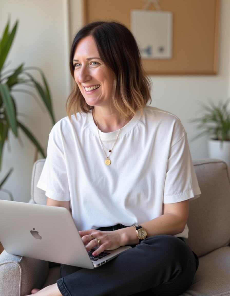 a woman in a white t'shirt and gold jewellery. She has brown shoulder length hair and is smiling whilst working on a laptop