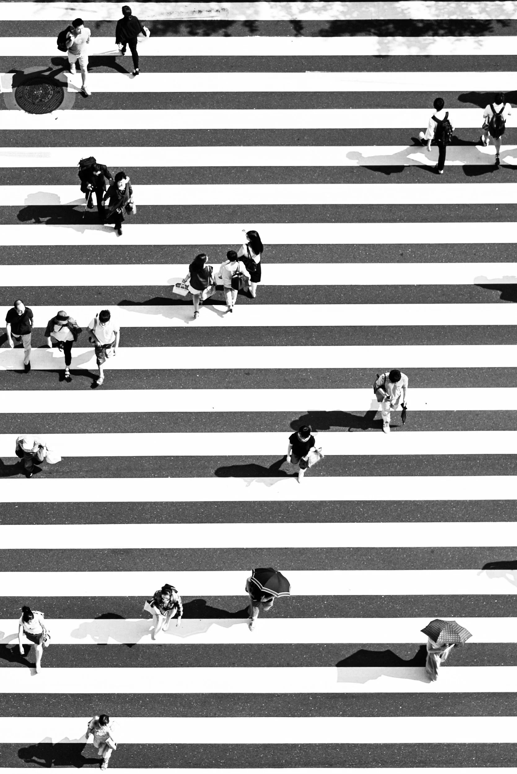Black and white aerial view of pedestrians crossing a zebra crosswalk, with distinct white and black stripes, casting shadows on the ground.