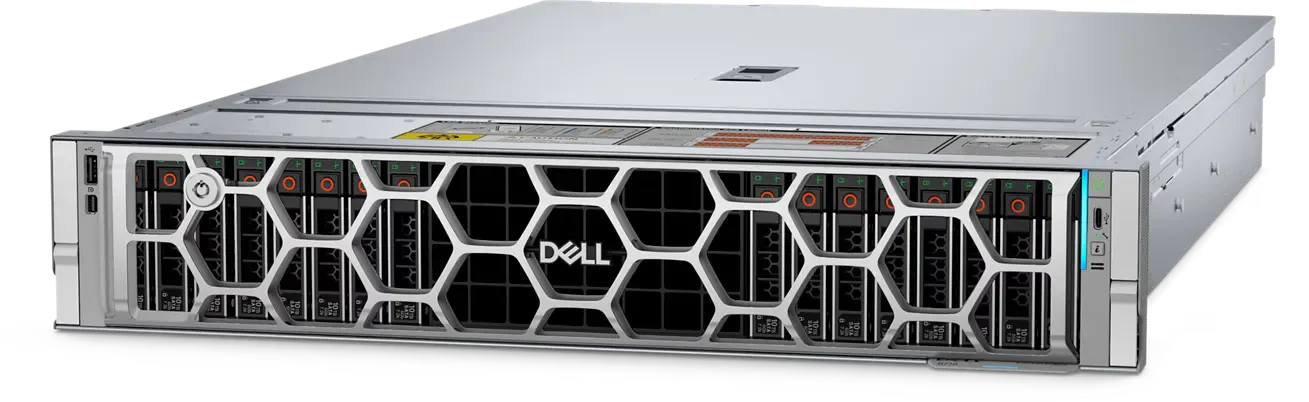 Dell server with honeycomb-patterned front grille, multiple hot-swappable drive bays, and USB port, set against a plain white background.