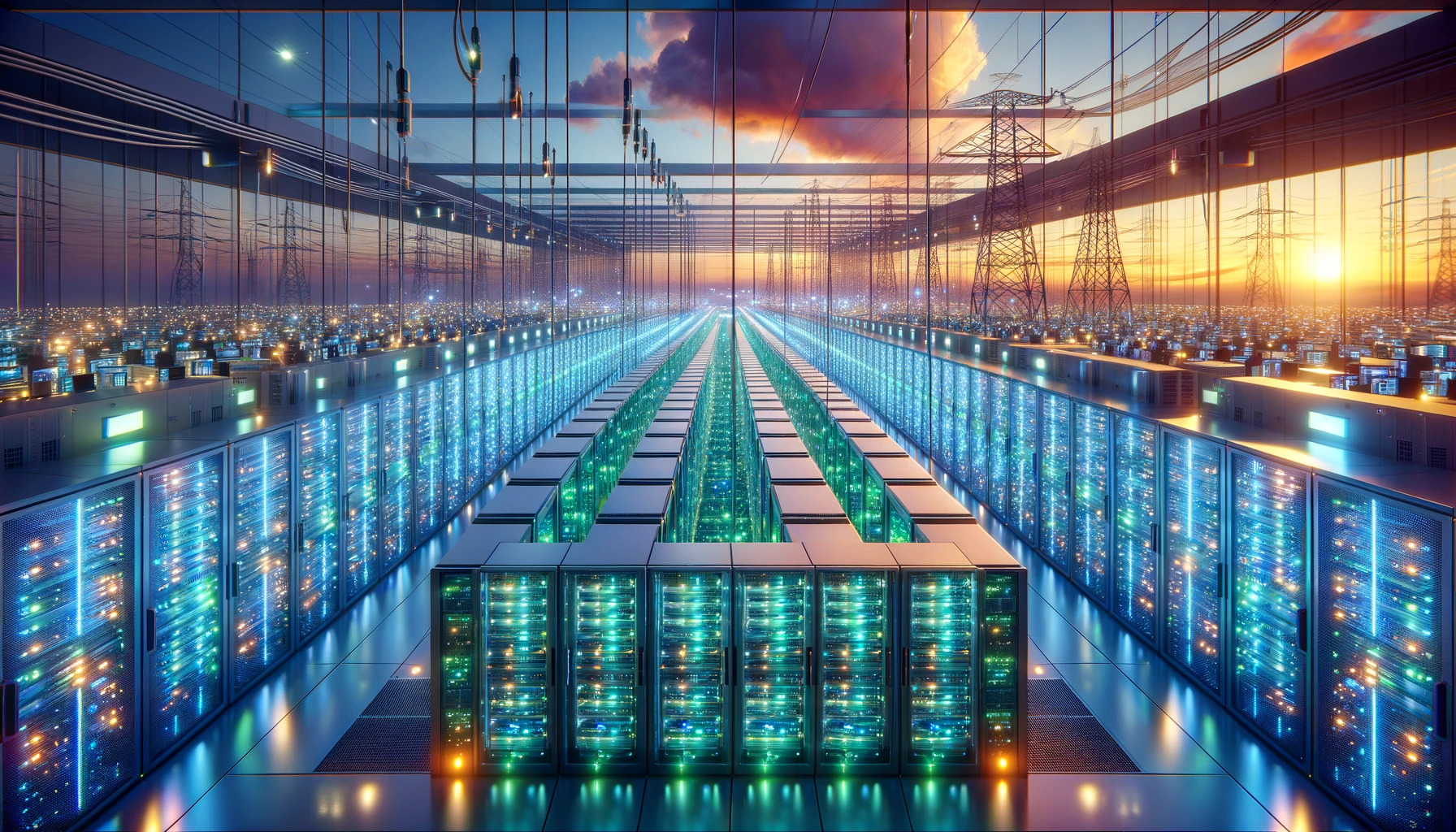 A futuristic data center with glowing server racks inside a mirrored room, set against a sunset sky with power lines and energy pylons in the background.