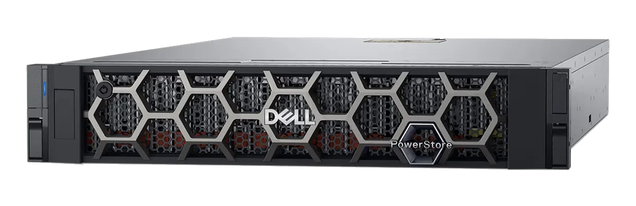 Front view of a Dell PowerStore server with a honeycomb design for airflow and a power button on the right.