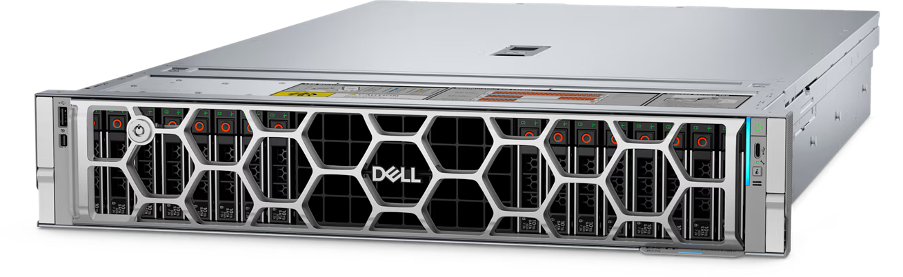A rack-mounted Dell server with a honeycomb grille on the front panel and visible internal components.