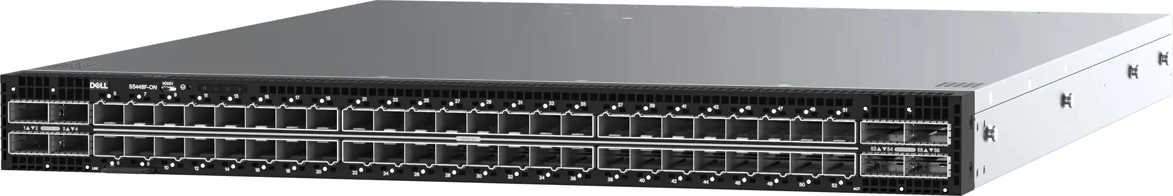 Close-up of a large network switch with multiple ports, organized in rows, with some ports labeled with numbers and symbols.