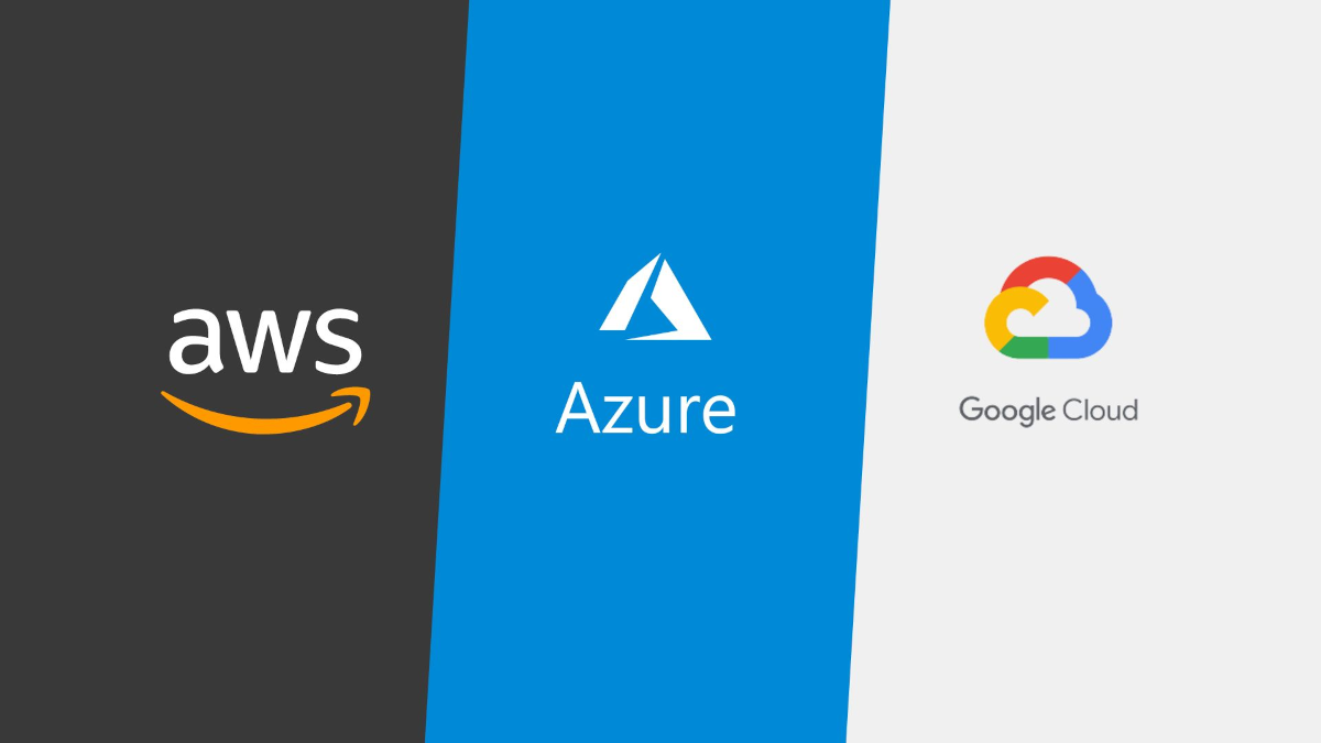 Logos of AWS, Microsoft Azure, and Google Cloud on a split background