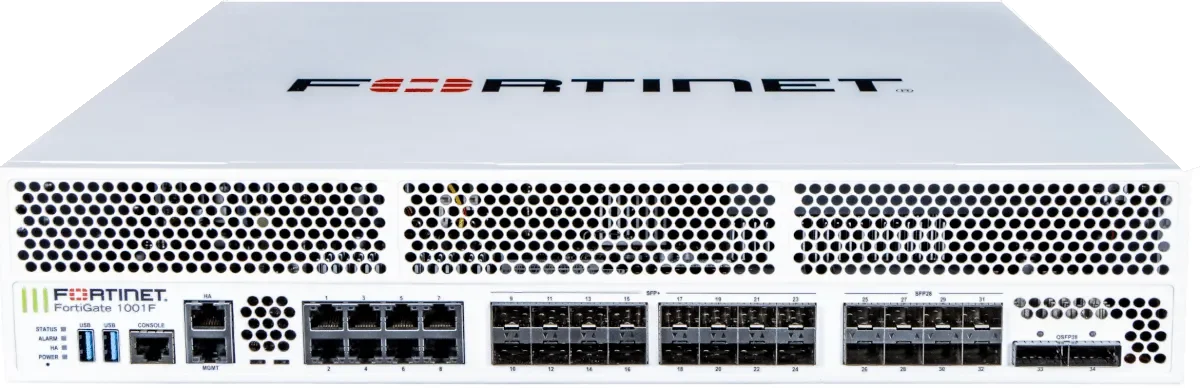 A Fortinet network security appliance with multiple ports, including USB, Ethernet, and fiber optic connections, on a white front panel, with a logo and model number on top.