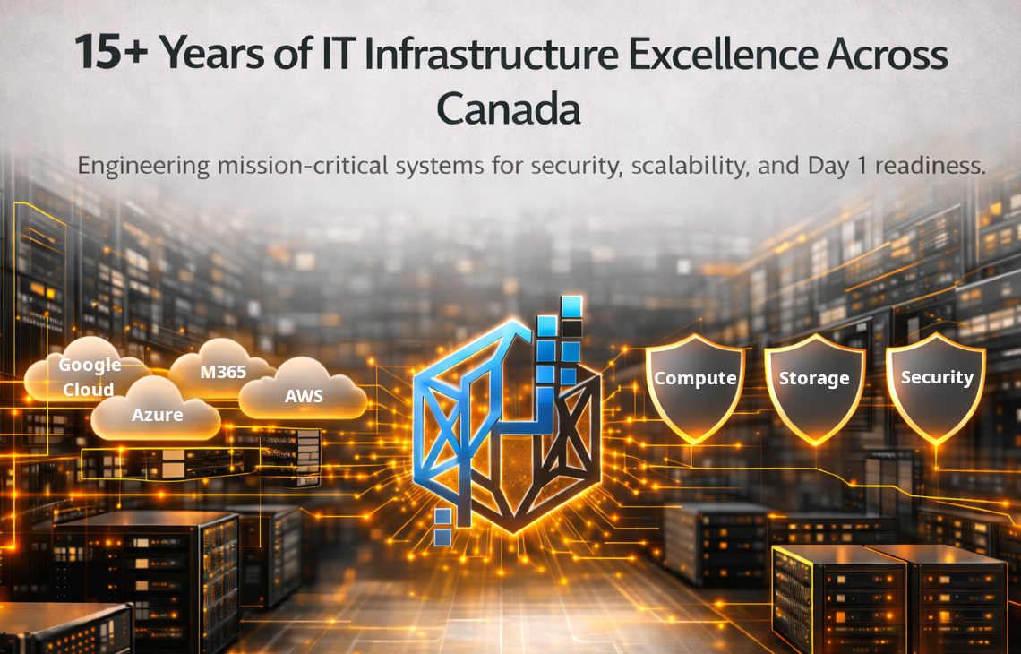 A digital graphic highlighting 15+ years of IT infrastructure excellence across Canada, featuring cloud services like Google Cloud, Azure, M365, AWS, and security, storage, compute shields over a data center background.