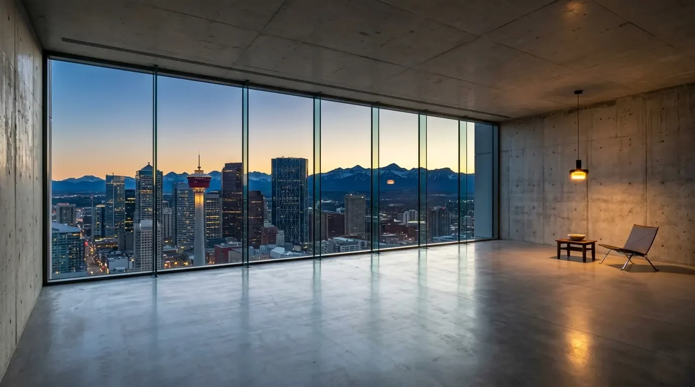 Empty room with large glass windows revealing a city skyline and mountain range at sunset, with a chair, small table, and hanging light.