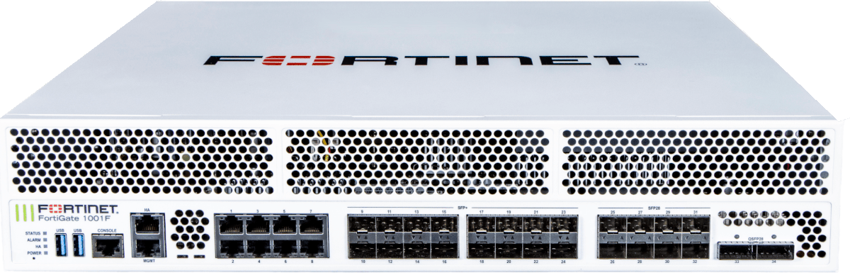 A Fortinet FortiGate 1001F network security appliance, featuring multiple Ethernet ports, USB ports, and indicator lights on a white and black casing.
