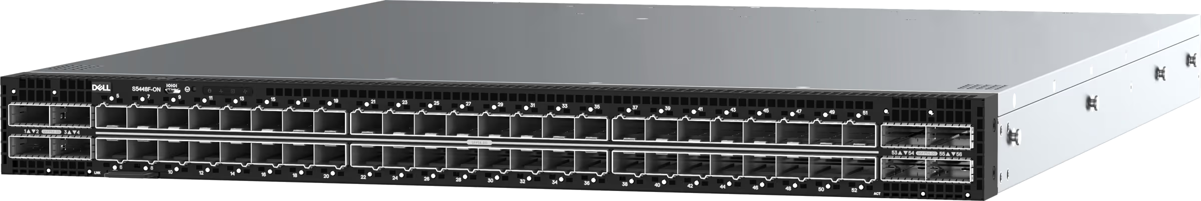 A Dell network switch with multiple ports, some labeled with numbers, and a silver metal casing.