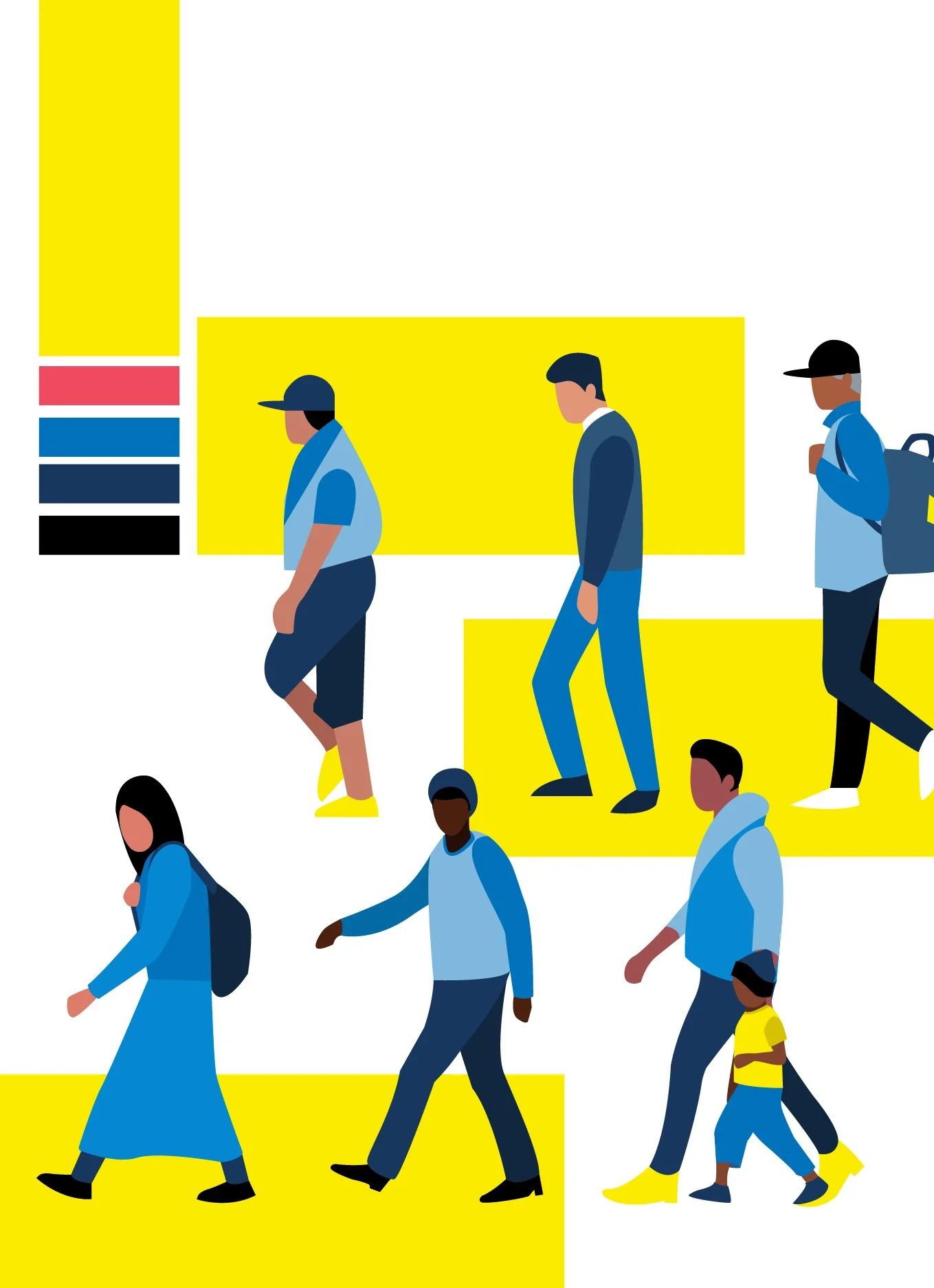 Illustration of diverse people walking, including a person in military uniform and a person with a backpack, set against yellow and white backgrounds.