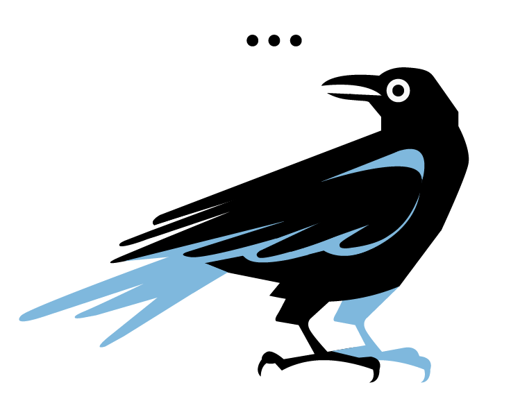 Stylized illustration of a black and blue bird with a speech bubble containing three dots.