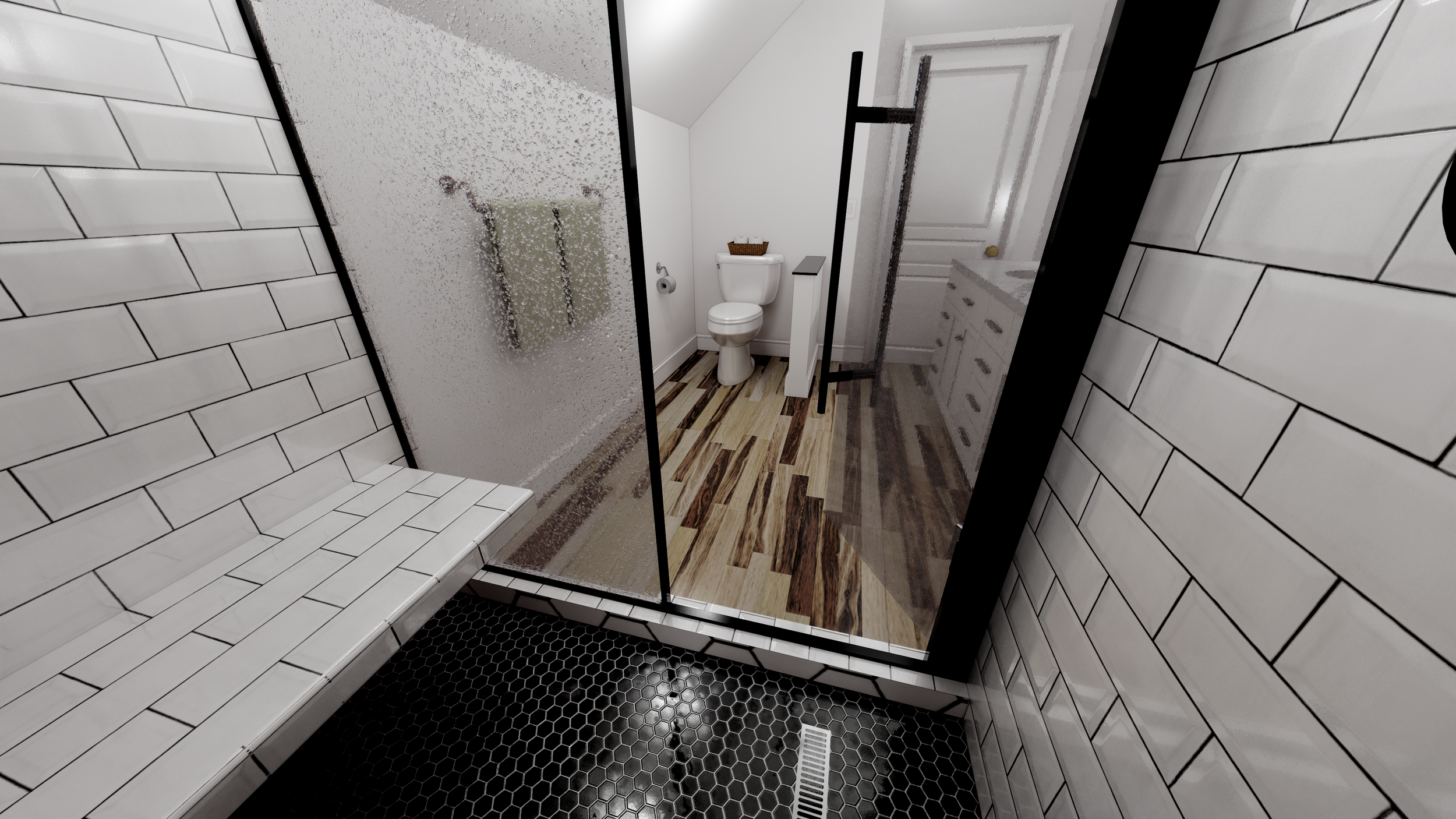 View of a modern bathroom with black hexagonal floor tiles, white subway wall tiles, a glass shower enclosure with frosted glass, a bench, a toilet, a white cabinet, and a white vanity with drawers.