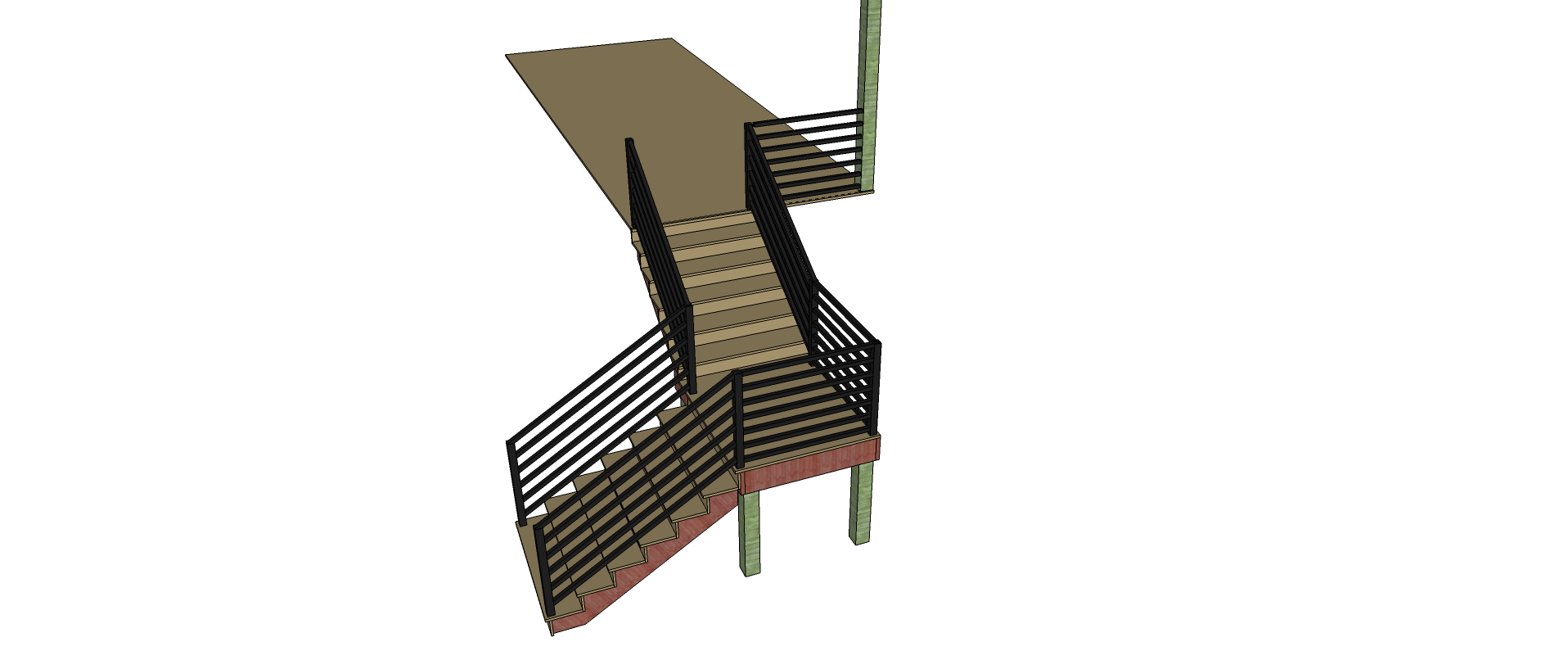 3D model of an outdoor staircase with black metal railings and beige steps, leading to a raised platform with a brown floor and green support beams.