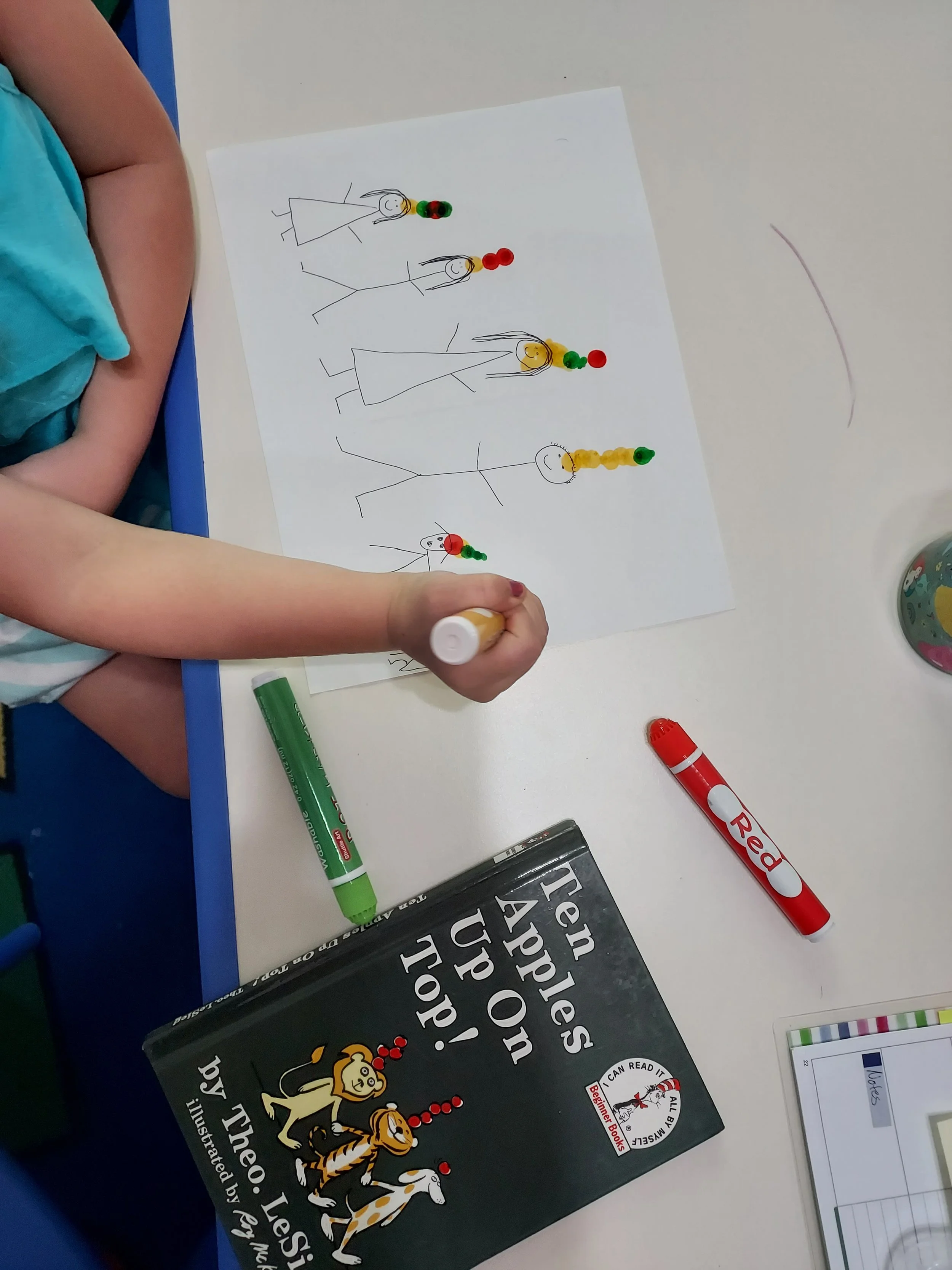 A child's hand coloring a drawing of stick figures with pom-poms using a yellow marker on a white sheet of paper. The drawing features five stick figures, each with a pom-pom on their head. There are markers, a book titled 'Ten Apples Up On Top!', a 