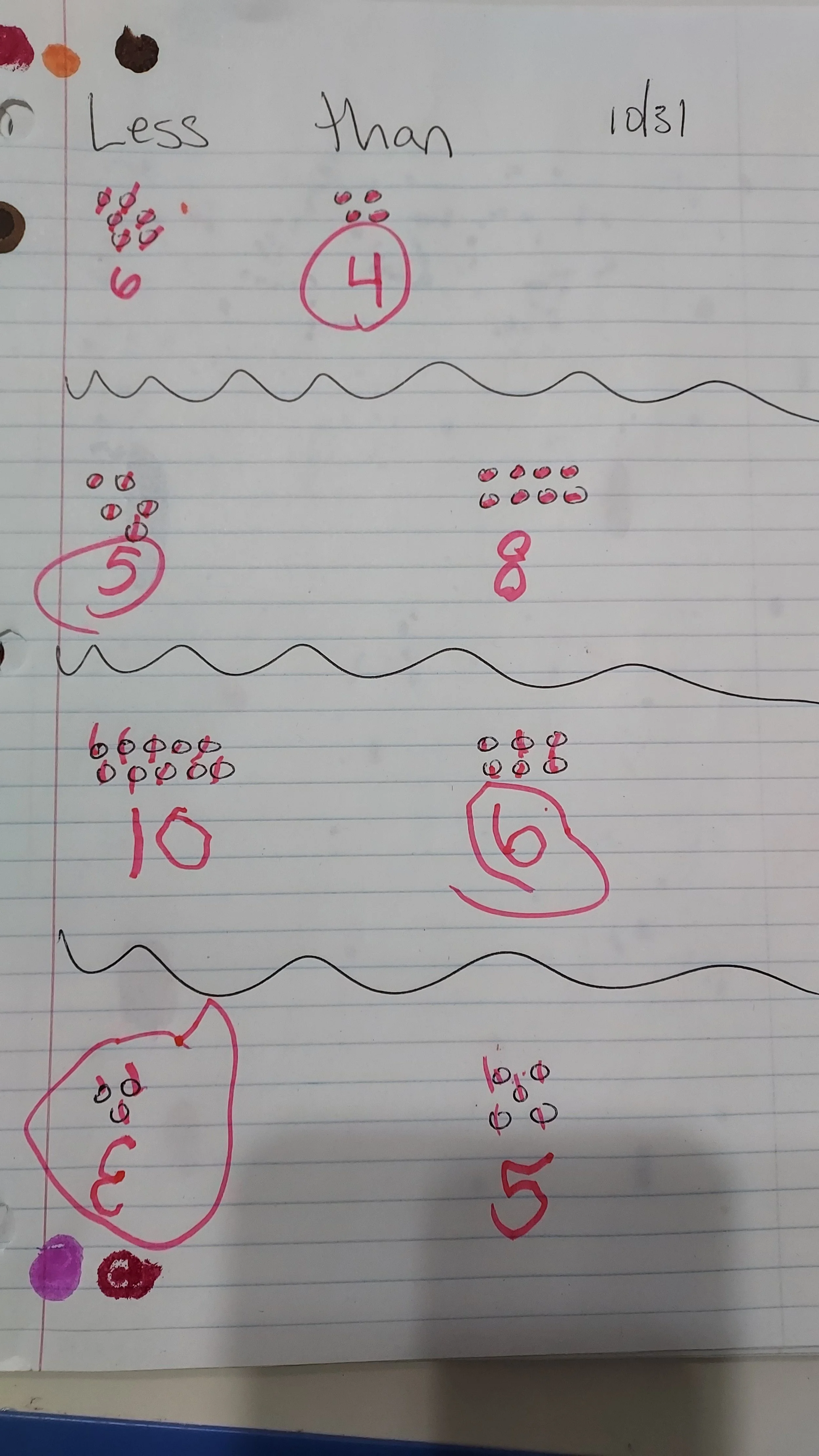 Handwritten notes illustrating the concept of less than with groups of dots, numbers 4, 5, 8, 10, 6, 3, and 5, and the phrase 'Less than' at the top.