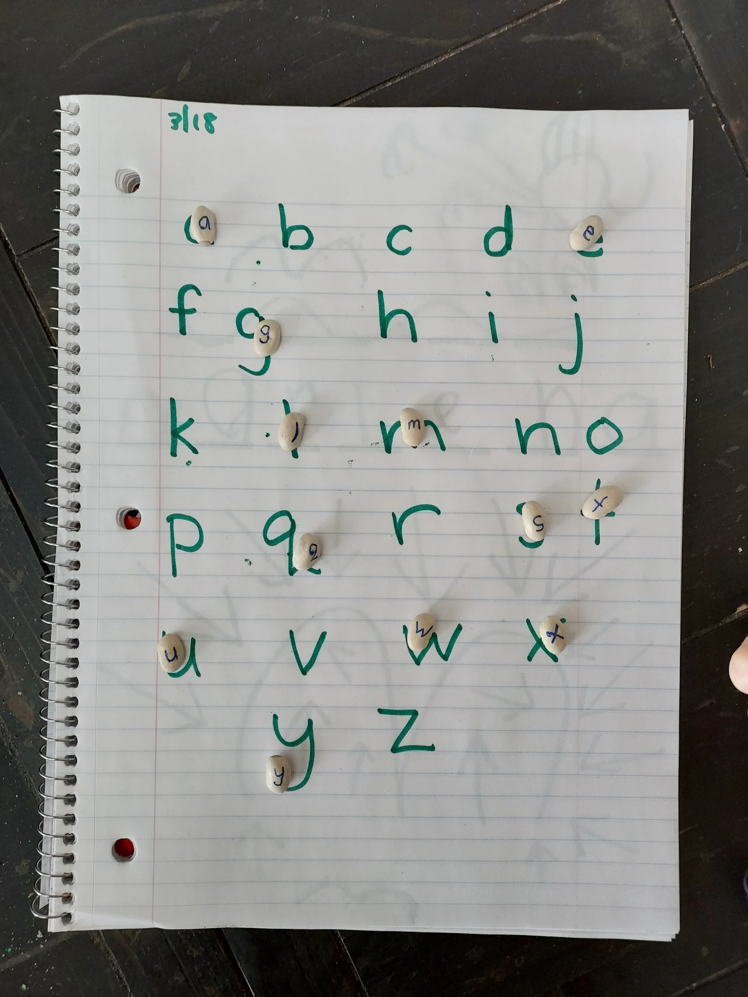 Handwritten lowercase alphabet on lined notebook paper with some letters marked by small stones with letters on them, placed on a dark wooden surface.