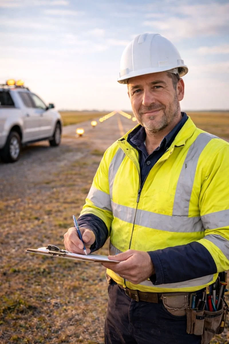 A construction or survey worker wearing a yellow high-visibility jacket and white hard hat, standing outdoors on a dirt road with a clipboard and pen, with a utility vehicle and road markers in the background.