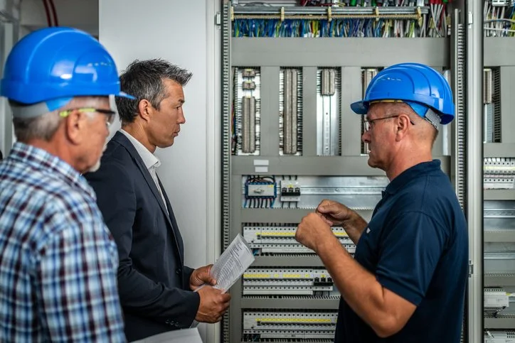 Three men wearing safety helmets inspecting an electrical panel with wires and circuit breakers.