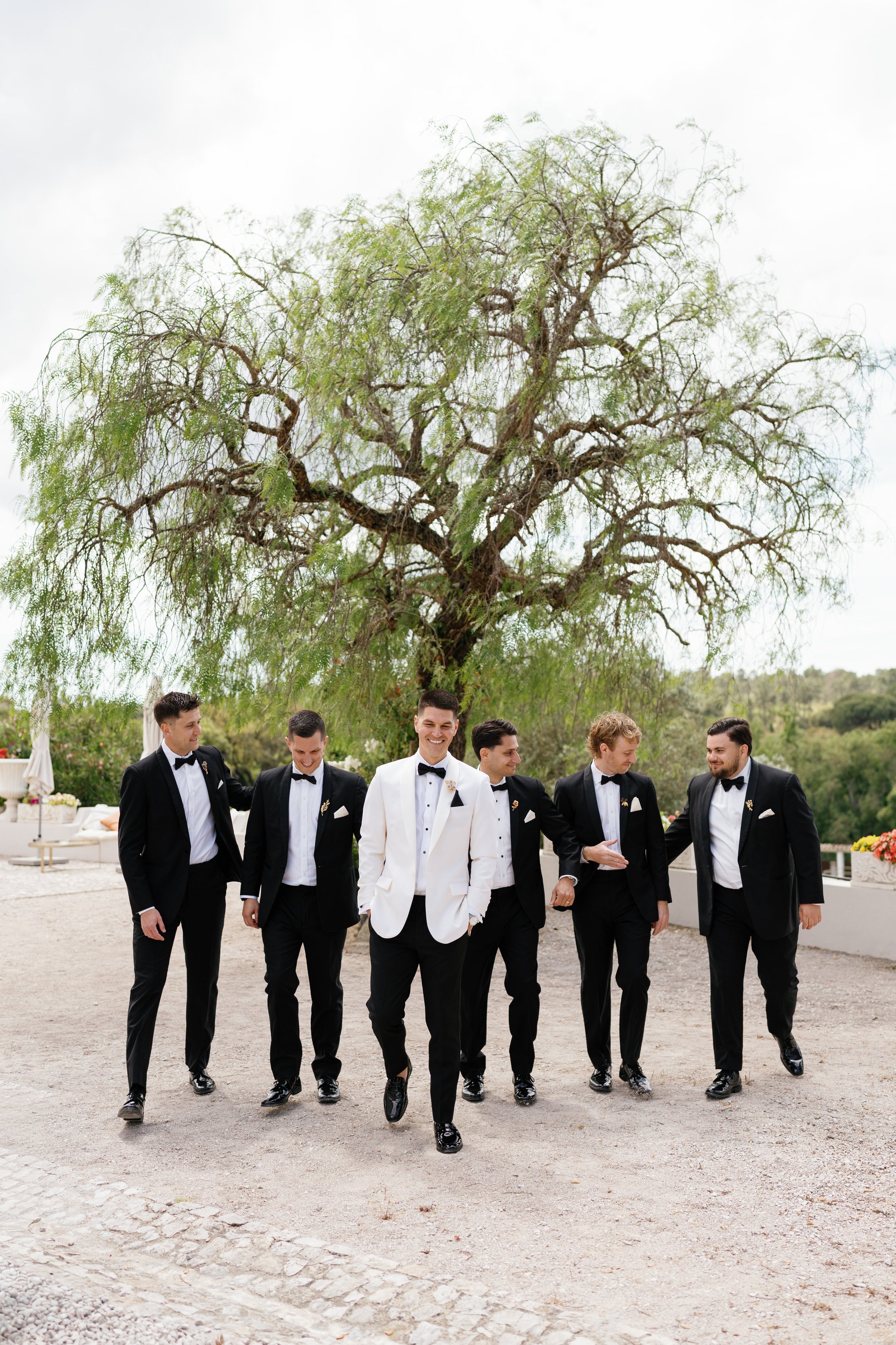 Group of seven men in tuxedos, walking and smiling outdoors beneath a large green tree, during daytime.