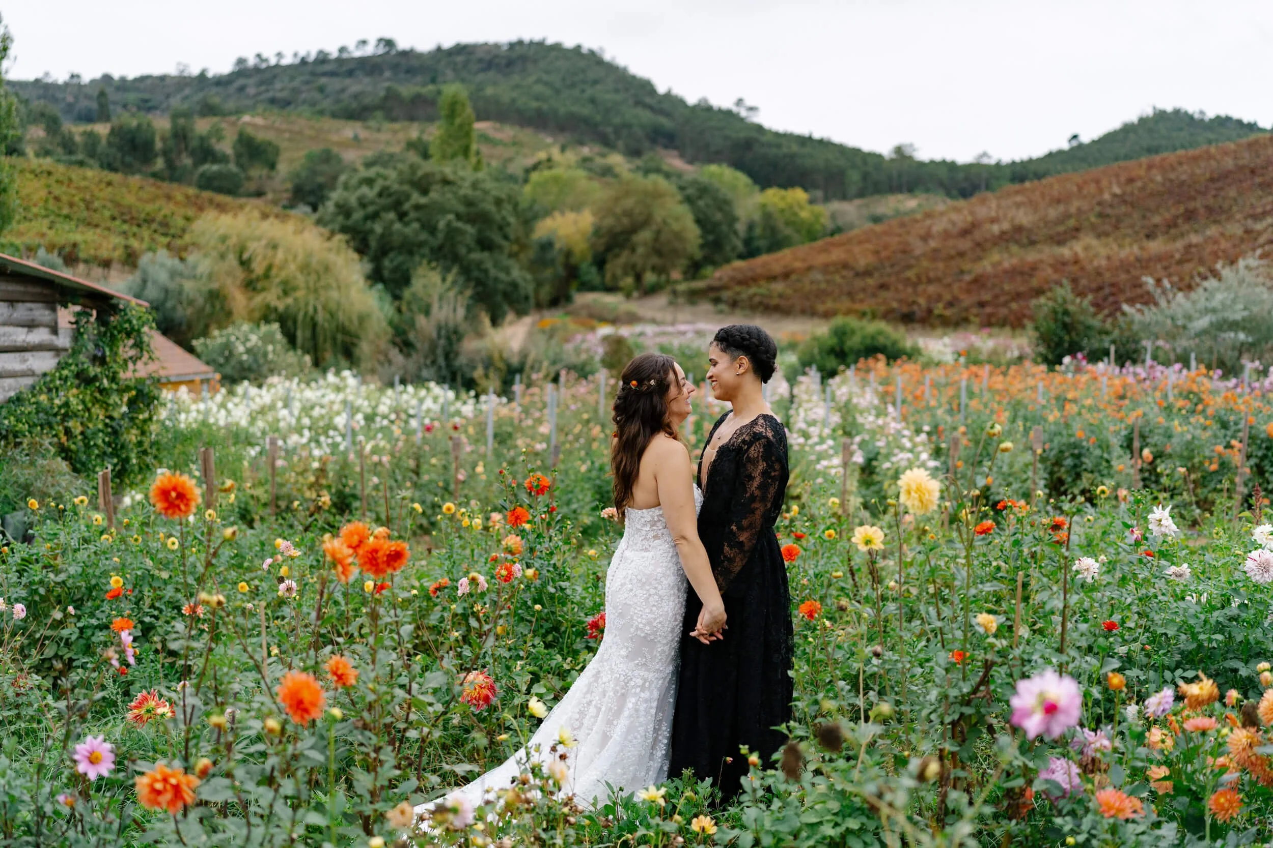 Two women in wedding dresses holding hands and gazing at each other in a colorful flower field with rolling hills and trees in the background.