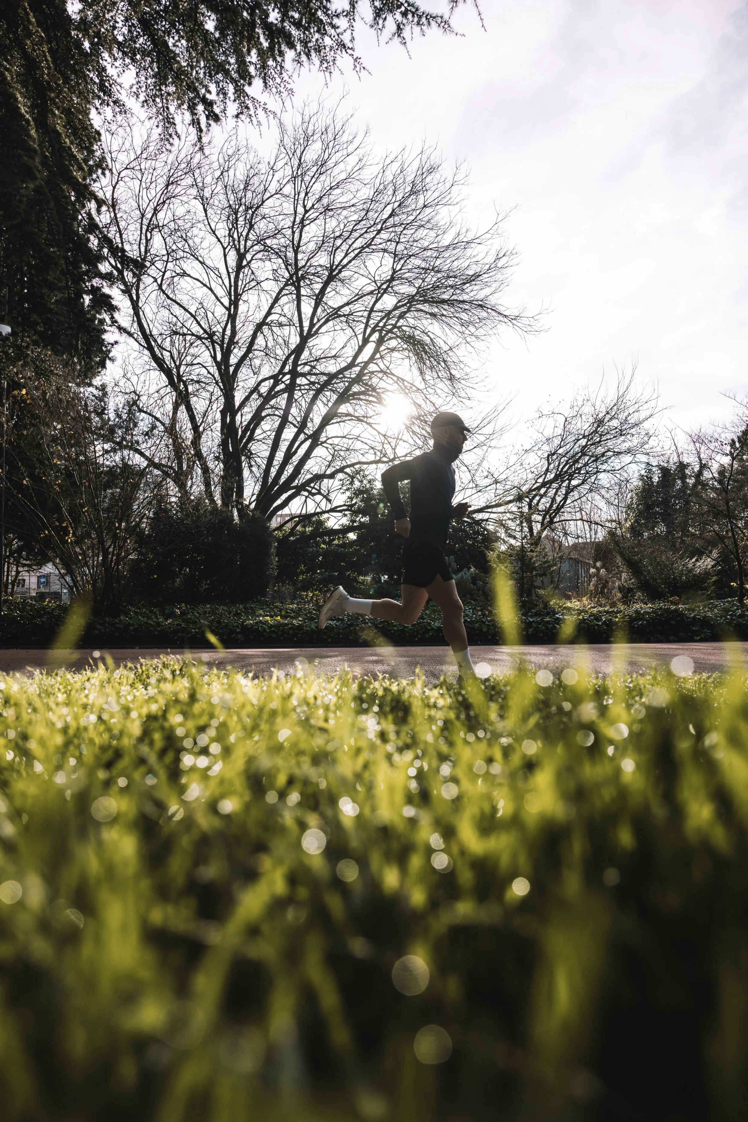 Une personne court dans un parc par une journée ensoleillée, avec des arbres dénudés en arrière-plan et une pelouse verte en premier plan.