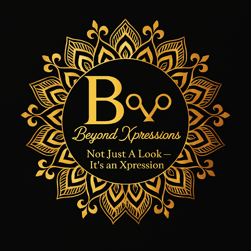 Gold decorative mandala with text that reads "Beyond Xpressions" and "Not Just A Look — It's an Xpression" on a black background.