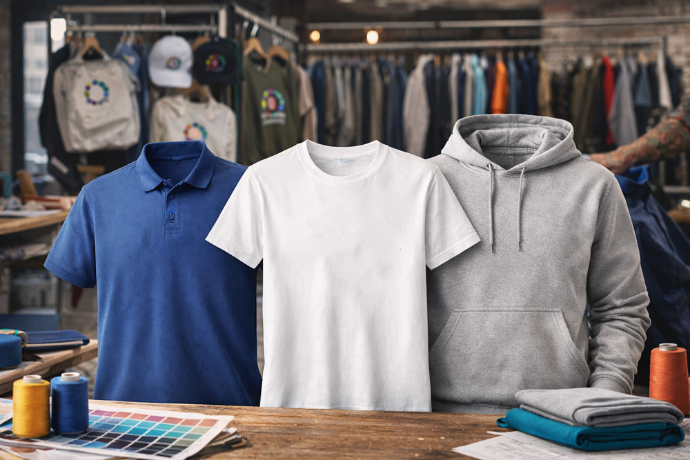 Prototipi di abbigliamento con maglietta bianca tra una polo blu e una felpa grigia in un negozio di abbigliamento