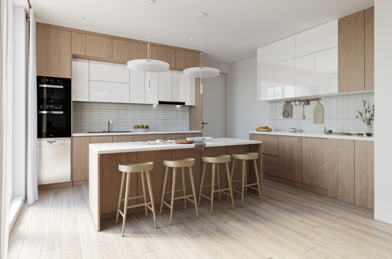Modern kitchen with light wood cabinets, white upper cabinets, and an island with four stools, pendant lights, and minimal decor.