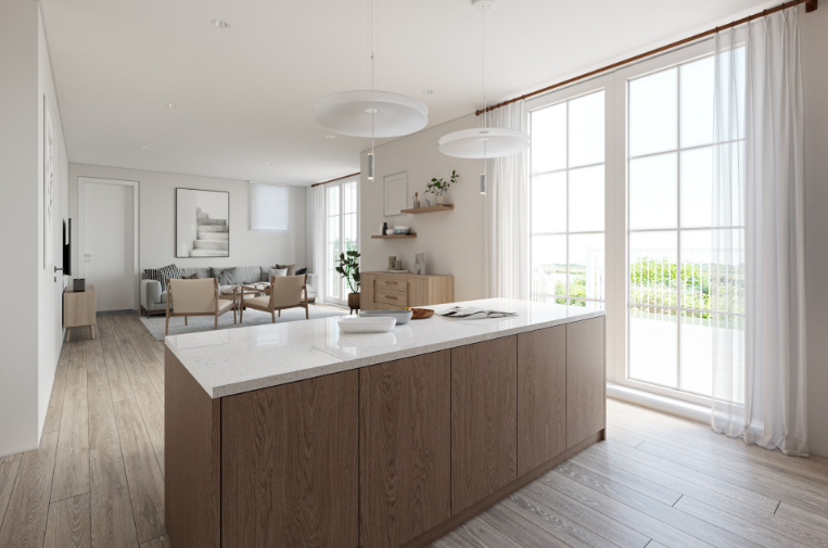 Bright, modern open-concept living room and kitchen with large windows, white walls, and light wood flooring.