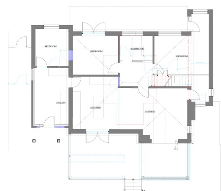 Floor plan of a house with labeled bedrooms, bathroom, utility, kitchen, and lounge areas.