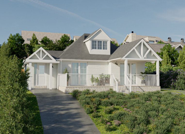 A white house with multiple gables and a front porch, surrounded by greenery and a well-maintained garden.