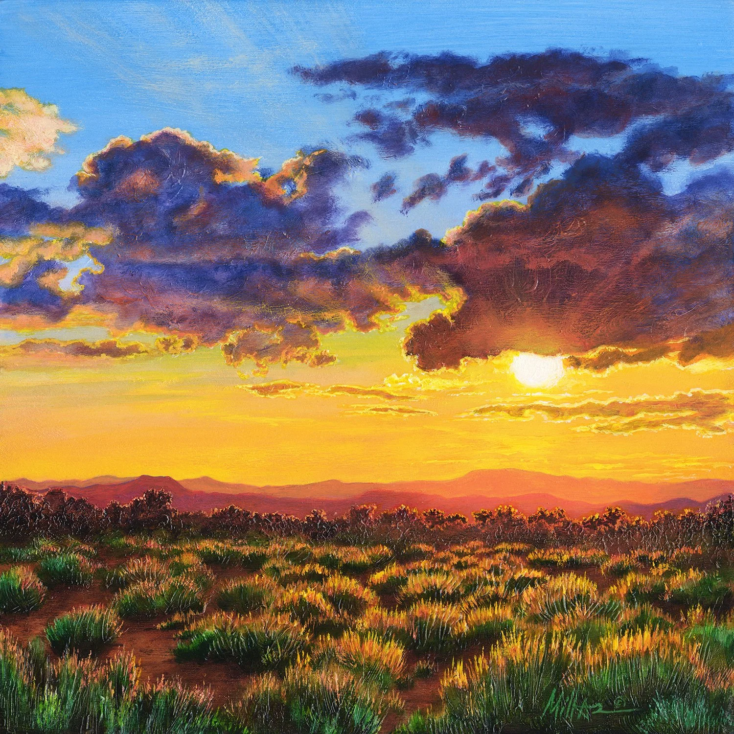 A vibrant painting of a sunset over a desert landscape with shrubs and distant mountains, featuring colorful clouds in the sky.