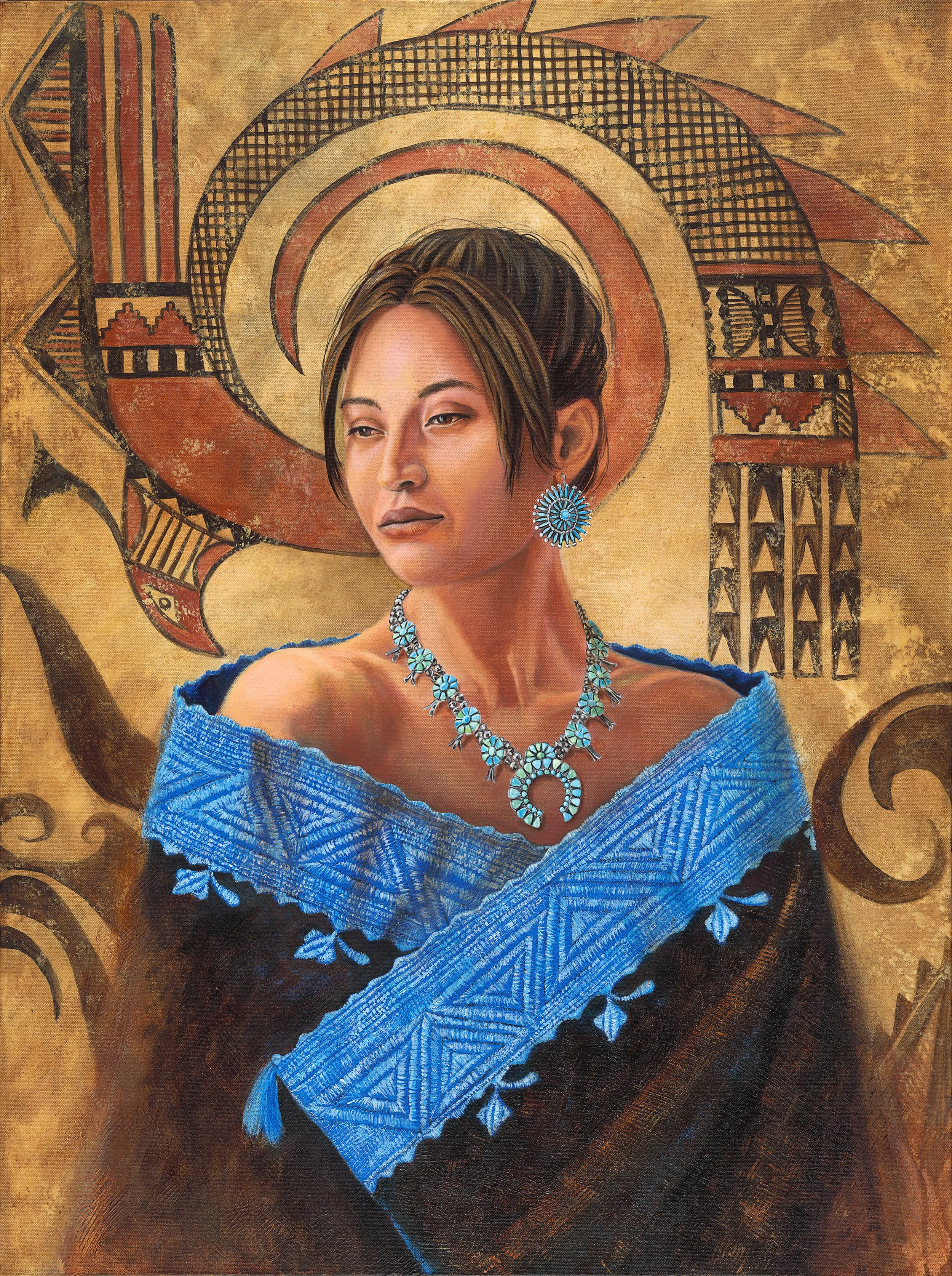 A portrait of a woman from the Zuni pueblo in New Mexico. She has brown hair and is wearing a blue embroidered shawl and turquoise jewelry, set against a background with Native American geometric patterns and pottery symbols of the Rainbird.