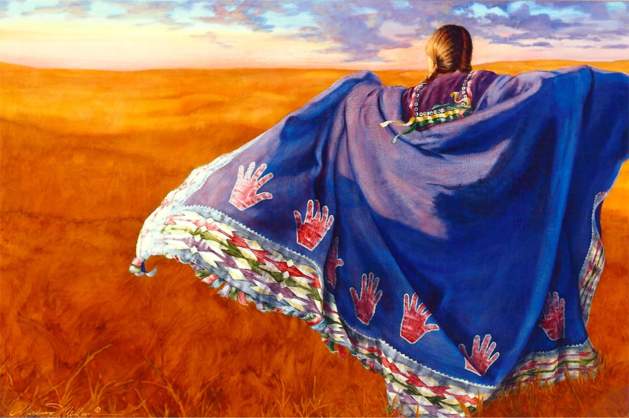 A Native American woman wearing a traditional Osage blanket, standing in an open field during sunset, with her back to the viewer and her arms outstretched.