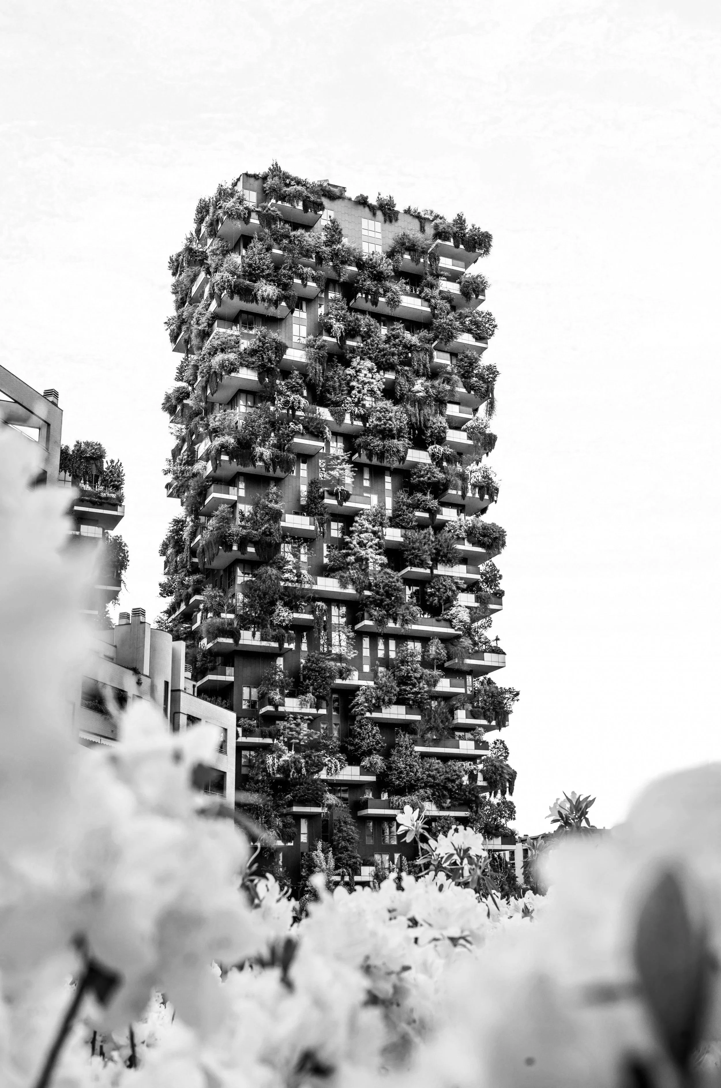 Edificio alto con numerosi piani, rivestito di piante e alberi su ogni balcone, circondato da fiori e vegetazione in primo piano.