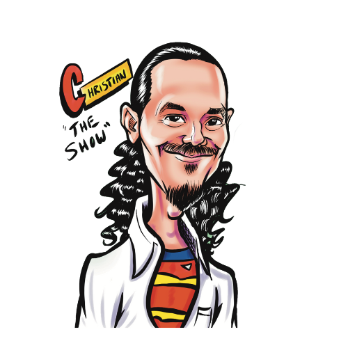 Cartoon caricature of a man with long hair and a goatee, smiling, wearing a white lab coat over a Superman shirt.